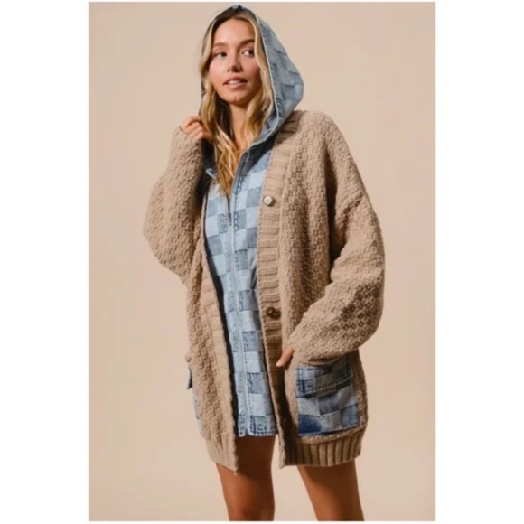 Cozy Checkered Plaid Denim Mixed Fabric Knit Cardigan Jacket Shacket - Picture 7 of 7